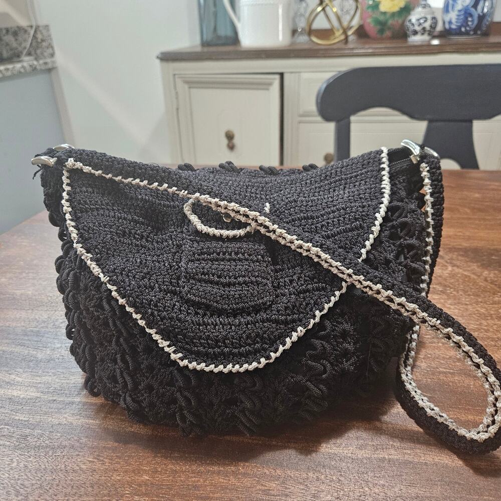 Boho Artisan Black Crochet Shoulder Bag Mexican Handmade Butterfly Embellishment